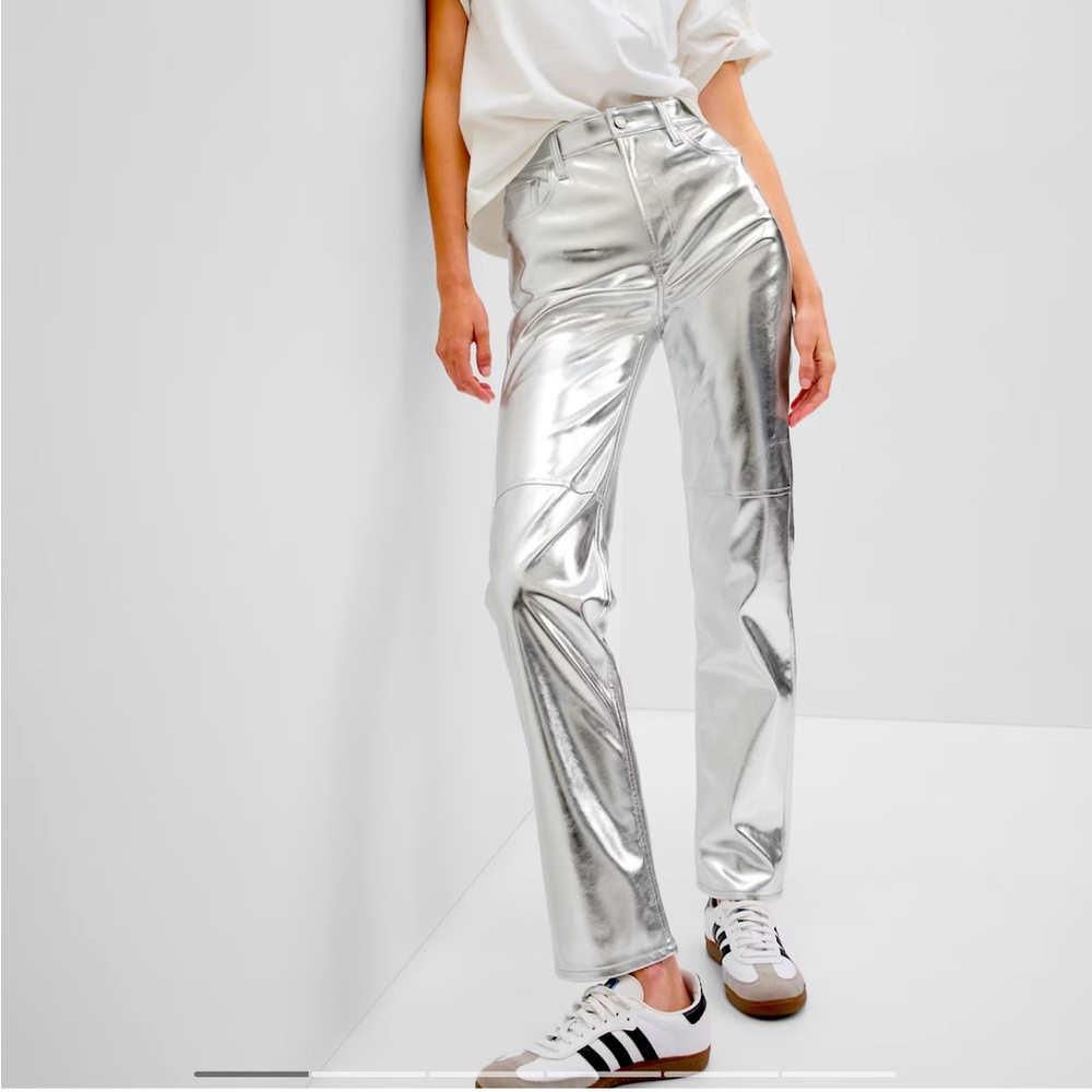 GAP High Rise Vegan Leather Metallic Silver Pants